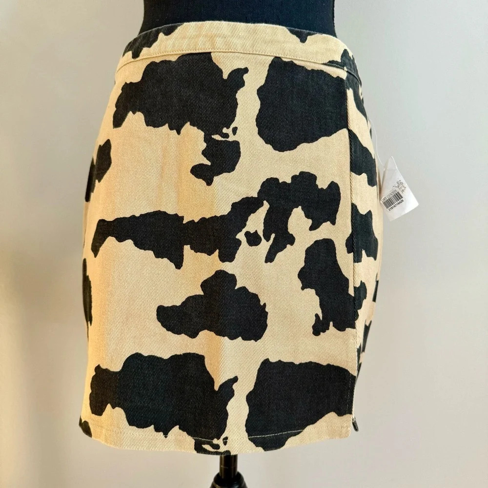 Le Lis Cow Print Denim Mini Skirt Tan Black Western Country Concert NWT B19
